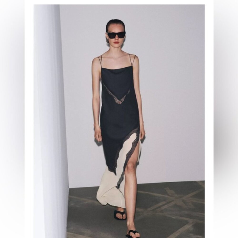 Zara Black and Cream Asymmetrical Slip Dress